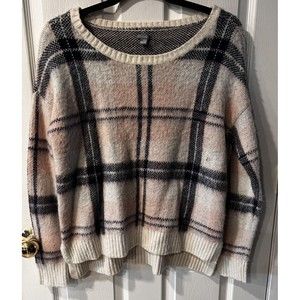 Aerie big plaid boxy sweater Womens Sz Large wool blend pink New Warm casual